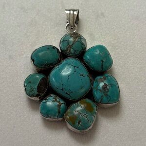 Vintage Native American Navajo 925 Sterling Silver Turquoise Floral Pendant